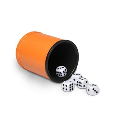 Imagem de Conjunto de copos de dados revestidos de feltro laranja PU couro dado rolando copo com 5 dices padrão de pontos agitador silencioso para Farkle Yahtzee Bar Party Family Games Play