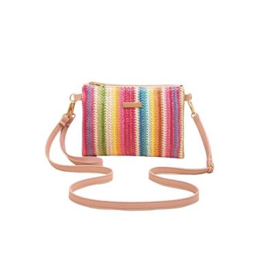 Imagem de MakeMeChic Bolsa feminina quadrada arco-íris listrada pequena bolsa transversal de praia, Multicor, One Size