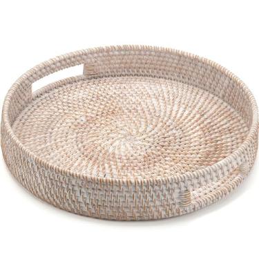 Imagem de Bandeja redonda de vime de 43 cm, bandeja de servir tecida à mão com alças, cesta de vime, bandeja decorativa para decoração de casa, lavagem branca