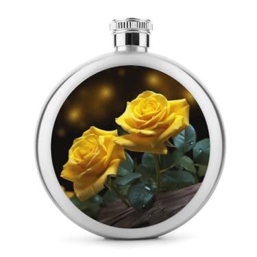 Imagem de Cantil de aço inoxidável, lindo frasco de bolso com estampa de rosas amarelas garrafa de viagem portátil cantil de licor portátil cantil de metal