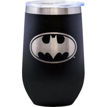 Imagem de Spoontiques Copo de aço inoxidável gravado Batman - Copo isolado com tampa - Vidro sem haste de aço inoxidável de parede dupla - 473 g - 14 cm de altura