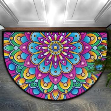 Imagem de Capacho para ambientes externos étnico boho mandala flor meio redondo, tapete de entrada antiderrapante absorvente, tapete de decoração de varanda de baixo perfil, tapete de entrada de baixo perfil