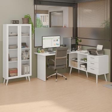Imagem de Kit 2 Peças Com Escrivaninha Em L 3 Gavetas E Armário Multiuso Com Vidro Madesa Branco