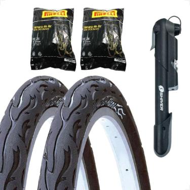 Imagem de PAR Pneu Bicicleta Kenda Flame Balão Aro 26 x 2.125 Liso Fogo + PAR Camara Pirelli + Bombinha de ar 