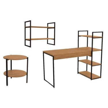 Imagem de Escritório Completo Industrial 3 Peças (1 Escrivaninha + 1 Nicho + 1 Mesa de Centro) Freijo/Preto - Kappesberg