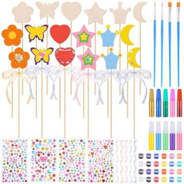 Imagem de Kit de 18 varinhas de fadas encantadas com 6 estilos de varinha mágica de madeira inacabada, fitas, adesivos de pedras preciosas, glitter, pintura luminosa, acessórios de princesa, faça você mesmo