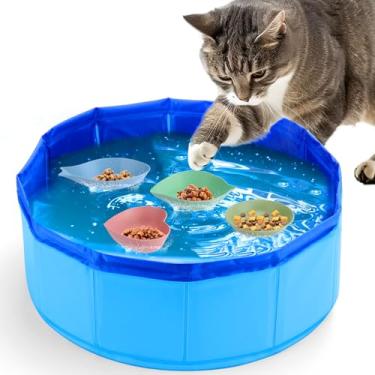 Imagem de BABORUI Brinquedo de piscina para gatos com tigela de petisco, brinquedos de piscina portáteis para gatos, brinquedos aquáticos para gatos entediados em ambientes internos, brinquedos interativos para