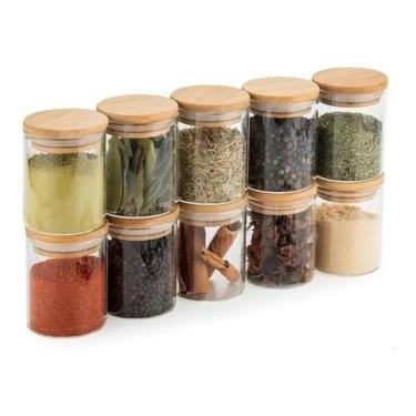 Imagem de Kit 10 Pcs Pote De Vidro Com Tampa De Bambu Hermético 200Ml