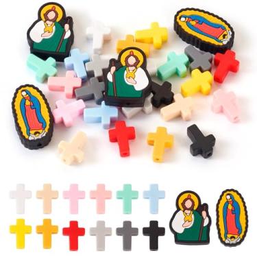Imagem de Bestewelry 28 peças religiosas contas focais de silicone Jesus Virgem Maria Cruz contas espaçadoras soltas contas de borracha de Páscoa para canetas, colar, pulseira, joias, artesanato, faça você