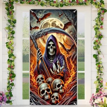 Imagem de BlissYard Banner de porta de Halloween da Grim Reaper 89 x 189 cm esqueleto foice chamas lua cena decoração para porta assustadora de boas-vindas banner outono Natal formatura primavera aniversário