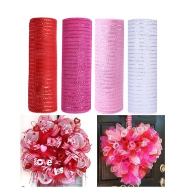 Imagem de JStnana 4 rolos de fita de malha decorativa para dia dos namorados, 25,5 cm x 7,6 m de malha metálica de serapilheira branca rosa vermelha decorada para primavera, casamento, artesanato, grinaldas