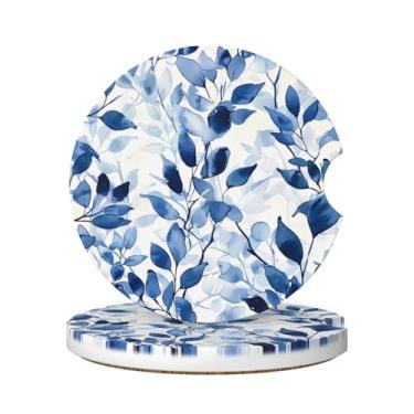Imagem de Neukim Pacote com 2 porta-copos para copo de carro com ramo de folha azul, 6 cm de folhas em aquarela para plantas, porta-copos absorvente de cerâmica antiderrapante com base de cortiça e entalhe de