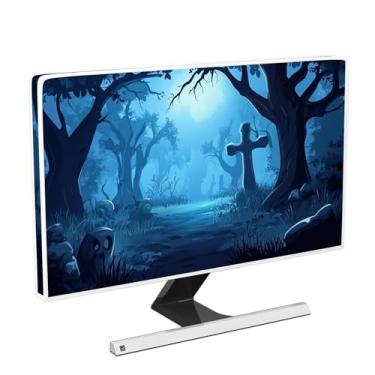 Imagem de Baocicco Capa para monitor de Halloween sombrio 22, 23, 24, 25 polegadas assustador cemitério noite lua floresta à prova de poeira capas de monitor para tela de computador antiestática à prova de