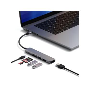 Imagem de Satechi Adaptador multiportas USB C 6 em 1 com HDMI 4K a 60Hz, carregamento PD de 100W, 2 portas de dados USB-A e leitores de cartão micro/SD para MacBook Air/Pro M4, iPad, Windows – cinza espacial
