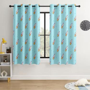 Imagem de BOHOMOCASA Cortinas blackout Kids Space Rockets - 100% blackout, isolamento térmico, redução de ruído, perfeitas para quarto de crianças e berçário, 2 painéis (Aqua Mini Rockets, L 52×C63)