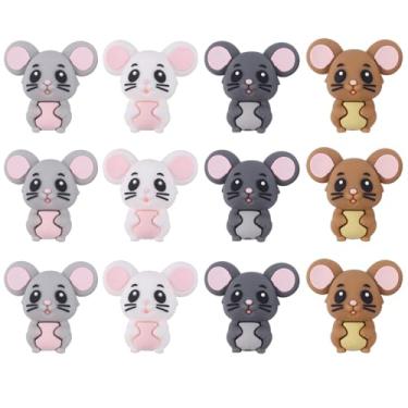 Imagem de AELUUAKE 12 peças de contas de silicone de mouse 3D fofas personagens focais berloques de borracha animal 3D artesanato espaçador solto contas a granel para canetas, chaveiros, pulseira, colar
