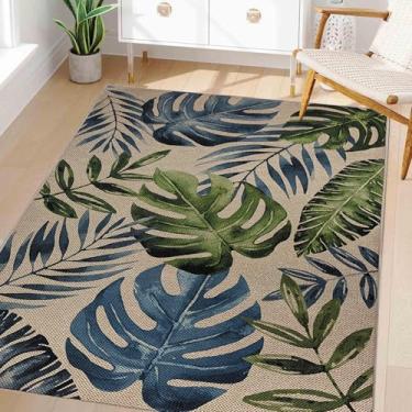 Imagem de USTIDE Tapete Leaves Easy Jute 10 x 15 cm, moderno, para sala de estar, quarto, folhas, pátio, entrada, tapete, casa de fazenda, lavável, tapete antiderrapante para pátio e quarto