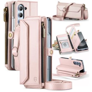 Imagem de Strapurs Capa tipo carteira transversal compatível com Samsung Galaxy Z Fold 6 com bloqueio de RFID, porta-cartões e compartimento para caneta, couro sintético macio, alça de ombro, bolso com zíper