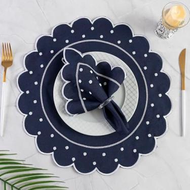 Imagem de Kit Jogo Americano Sousplat Bordado Suplat de Mesa Posta Redondo/Retangular e Guardanapos (Poá Marinho, Mesa 4 Lugares (8 Peças))