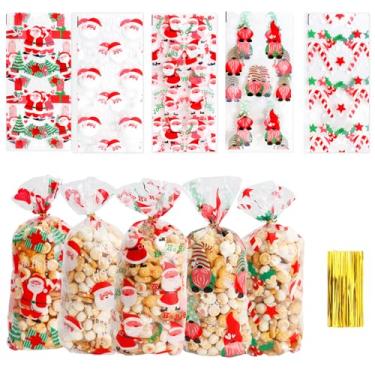 Imagem de Liwidon Sacos de presente de Natal, 100 unidades de sacos de doces de Natal, 5 sacos de presente de celofane de Natal com laços torcidos, sacos plásticos transparentes para lembrancinhas de festa