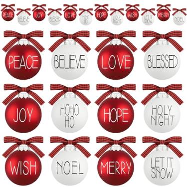 Imagem de 12 peças de enfeites de bolas de Natal, 6 cm, enfeite de bola inquebrável com arcos xadrez de búfalo, árvore de Natal vermelha e branca, decoração de bola pendurada para decoração de casa de fazenda