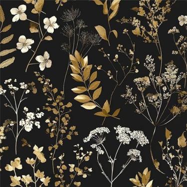 Imagem de Yzogbry Papel de parede preto dourado branco flores silvestres descascar e colar papel de parede decoração de parede autoadesivo papel de parede adesivo fácil de retirar contato para apartamento de