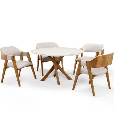 Imagem de Mesa De Jantar Redonda Cora 120cm Off White M04 com 04 Cadeiras Living Suran Linho Cru - Lyam