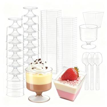 Imagem de Slomg Conjunto de 100 peças de copos de sobremesa de plástico de 59 ml, mini copo de parfait de aperitivo transparente descartável, 25 taças redondas de tiro 25 copos quadrados 50 colheres, tigela de