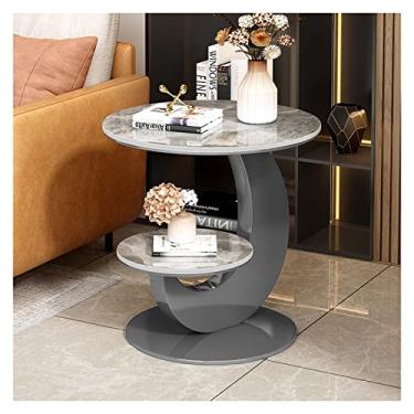 Imagem de Mesa de centro de design simples, mesa lateral redonda com moldura de metal, mesa de cabeceira de destaque com prateleiras de 2 camadas, mesa pequena para sala de estar, quarto, sofá, mesa de centro