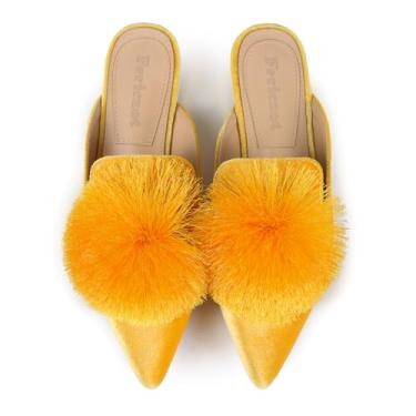 Imagem de Fericzot Mocassins sem costas nuas, sem cadarço, puff, pompom, bico fino, sapatos casuais, Amarelo, 38