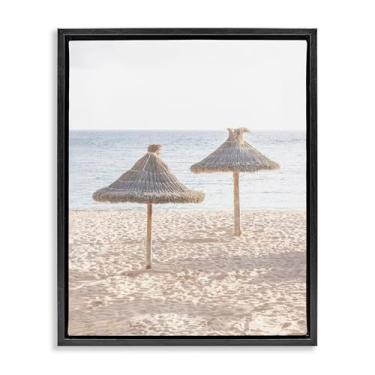 Imagem de Stupell Industries Guarda-chuvas de palha na praia arte de parede em tela flutuante preta emoldurada, design por Sisi e Seb, 21 x 17
