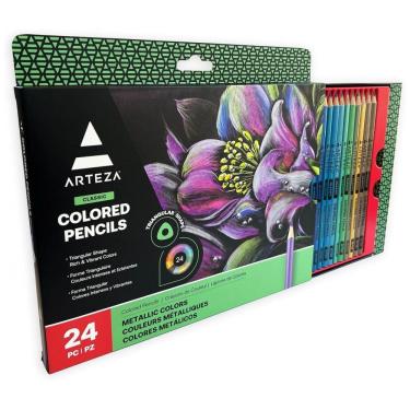 Imagem de Lápis de Cor Metálicos ARTEZA, Conjunto com 24 Cores, Formato Triangular, Pré-Afiados, Materiais de Arte para Desenho e Colorir