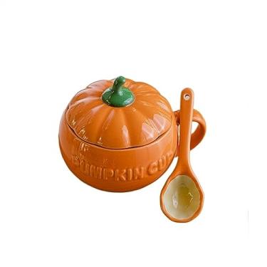 Imagem de hezhuhe2258 Caneca criativa fofa xícara de abóbora copo de água caneca de cerâmica com tampa colher caneca de café (A)