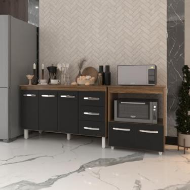 Imagem de Mobília Decor, Gabinete Armário Carine 138 cm com Tampo Tampão e Balcão Amanda para Forno e Microondas Savana com Preto