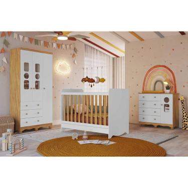 Imagem de Quarto Infantil Completo 3 Peças Kit Quarto Tedy com Guarda Roupa Berço e Cômoda Branco Amendoa Móveis Peroba