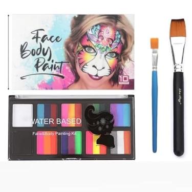 Imagem de wxfhtda Kit De Pintura Facial Para Crianças - 15 Cores Tintas Maquiagem Grandes À Base Água Com Estênceis, 2 Pincéis, Halloween, Corporal E Profissional Segura (10 Cores)