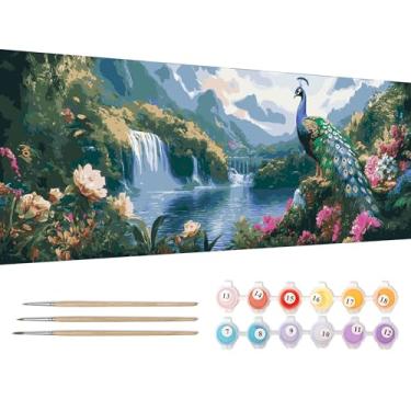 Imagem de Reofrey Kit grande de pintura por números para pavões adultos - tela de 30 x 80 cm, pintura de animais por número - conjunto de tinta acrílica - arte DIY relaxante para iniciantes e especialistas