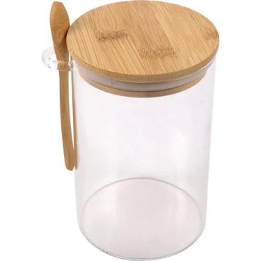 Imagem de 2X Pote De Vidro Redondo Tampa Bambu Hermético Com Colher 70