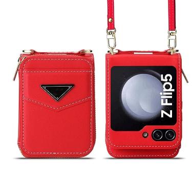 Imagem de Capa tipo carteira transversal para celular Samsung Flip5 Flip4 5G porta-cartões com cordão de couro, vermelho, para Galaxy Z Flip5 5G