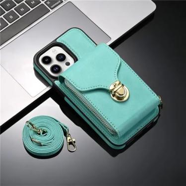 Imagem de Capa de telefone tipo carteira de couro com cordão crossbody para iPhone 15 14 Pro Max 13 12 11 XS XR X SE 2022 8 7 Plus Flip Stand Cover, verde, para iPhone 7Plus 8Plus