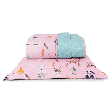 Imagem de Kit Cobre Leito Colcha Solteiro Infantil Lutti Dupla Face 200 Fios 2 Peças Raposa Foxy Rosa