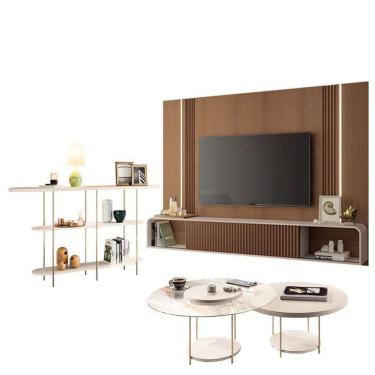 Imagem de Home Suspenso Empire Castanho Off White E Aparador Infinity E Kit Mesa De Centro Sky Off White- Hb Móveis