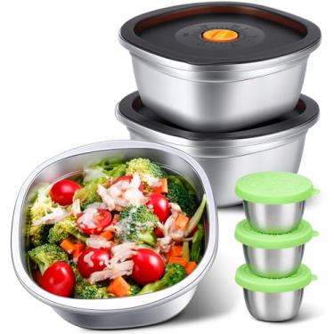 Imagem de KTKUDY Pacote com 3 tigelas de salada de aço inoxidável com tampas e copos de molho – Recipientes de salada à prova de vazamento de 1,5 l para preparação de refeições e almoço, podem ser lavados na