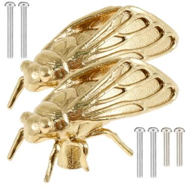 Imagem de Conjunto de 2 maçanetas de gaveta de cigarras de latão puxadores de armário dourados para móveis com parafusos decorativos em forma de cigarra puxador de gaveta puxadores de cômoda para armários