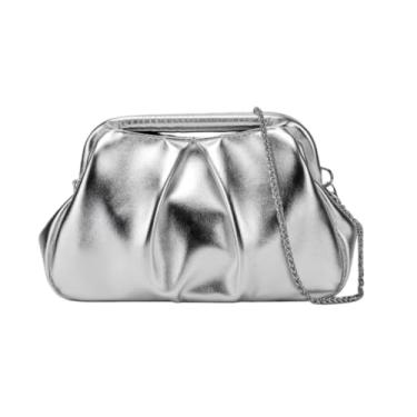 Imagem de MILATA Elegante bolsa clutch metálica para noite, design plissado franzido, bolsa de festa com alça transversal de corrente removível, Prata