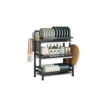 Imagem de Escorredor de Louças Metálico 3 Andares, Preto, com Porta-Talheres Removível, 61x42x23,5 cm, para Cozinha