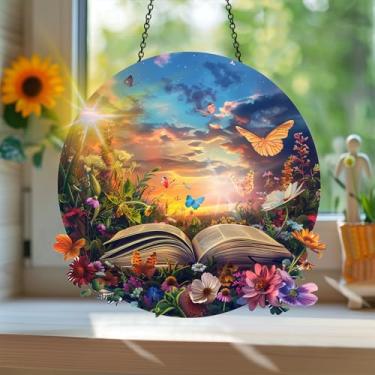 Imagem de Acrílico colorido, apanhador de sol estilo vitral estampado com flores com reflexos de arco-íris, arte de parede para decoração de janela suspensa, ornamentos de Natal para uso interno e externo 19,8