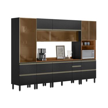 Imagem de Armário de Cozinha Compacta com 5 Vidros Reflecta Proença 9 Portas 11 Gavetas Carbono e Nogueira