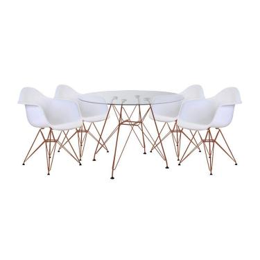 Imagem de Conjunto Jantar Mesa Vidro Redonda 110Cm Com 4 Poltronas Brancas Ferro Cobre Cor: Preto