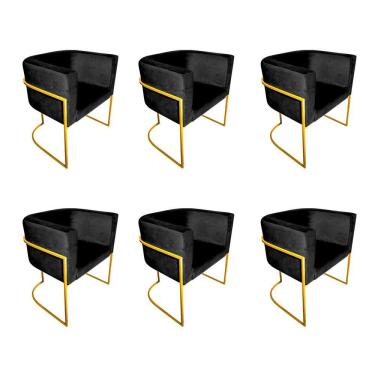 Imagem de Kit 6 Poltronas Decorativa Sala De Estar Base De Ferro Dourada Veludo Preto